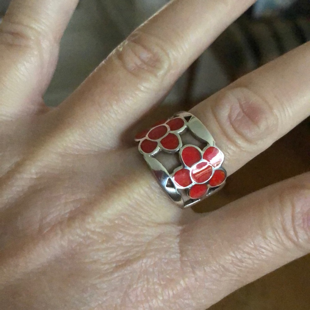 Red Coral 925 Sterling silver ring size 8